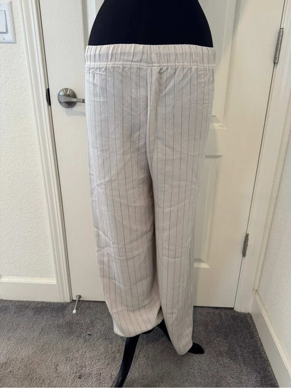 Relaxed Fit Drawstring Lounge Pants — Light Gray Pinstripe